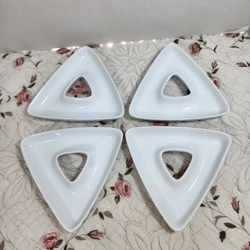 Set of 4 Crate & Barrel White Porcelain Triangle Appetizer Dishes Olive Trays